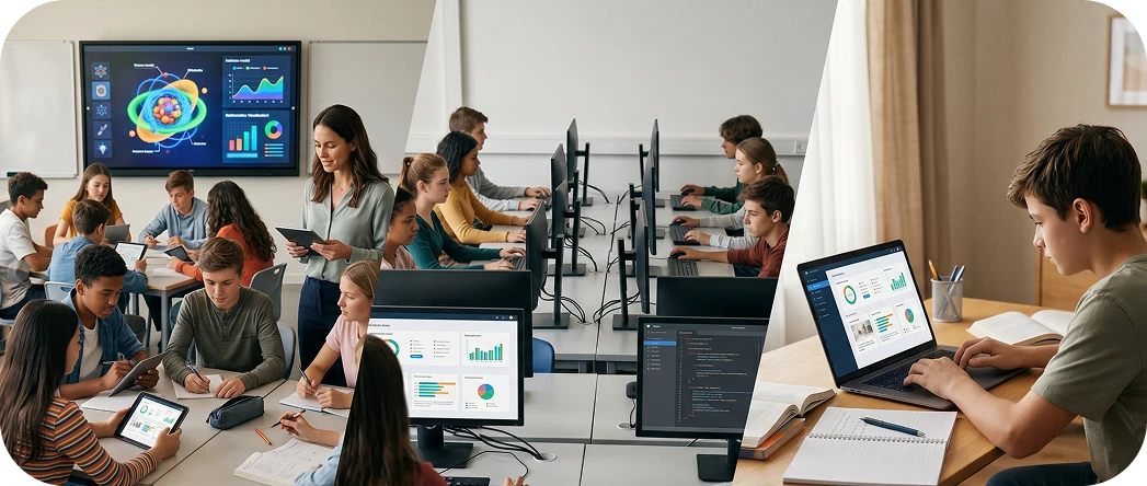 Teacher with smart board in a digital classroom in Latin America